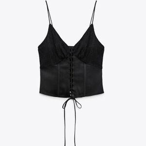 Zara Black Satin Lace-Up Corset Camisole With Lace Detail Size S